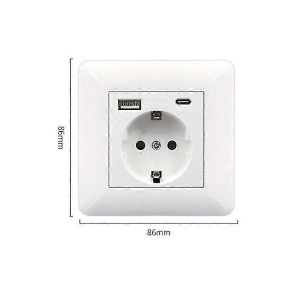 Fransk stikkontaktpanel Type-c+USB16A Type 86, antal stikkontakter: 2 huller, antal USB-porte: 1, antal Type-C-porte: 1, sikkert og fast (hvid bue)