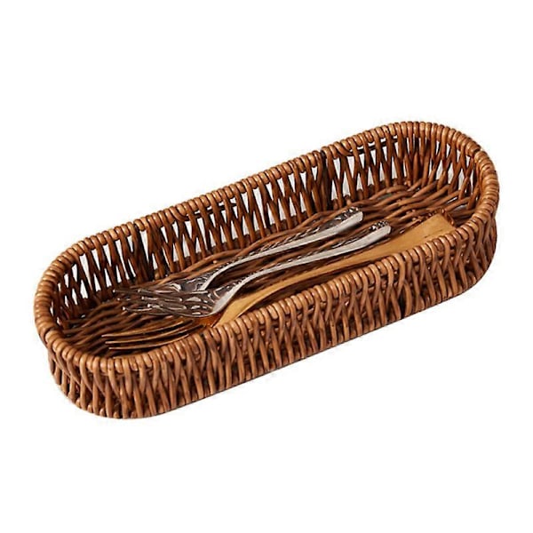 Imiteret Rattan Brødkurv Multifunktionel Vævet Rattan Opbevaringsbakke Køkken Bestik Organizer til Hjem Restaurant