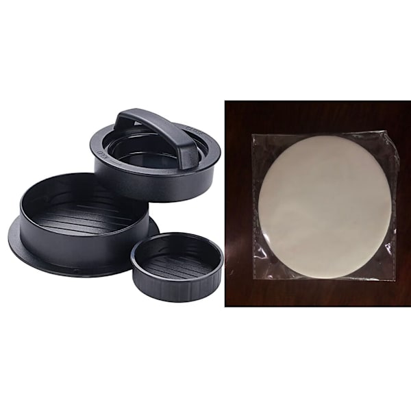 Set med 3-i-1 hamburgarepress + 50 st hamburgerpapper