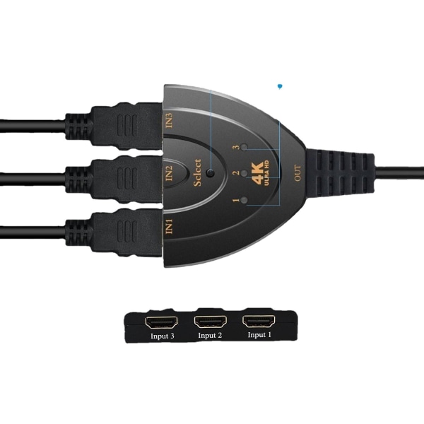 #3-Port HDMI-switch med Pigtail-kabel kompatibel med Full HD 4K @30Hz Video 3 in 1 Out#