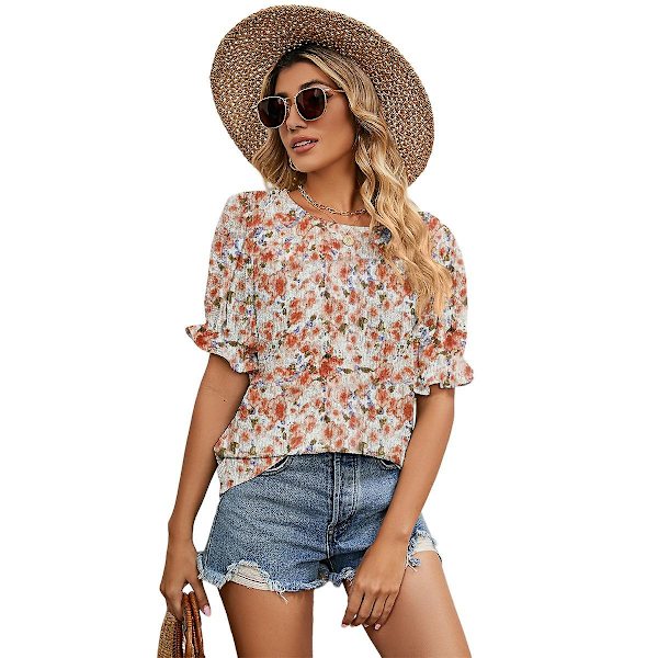 Dam Tunika Blus med Rund Halsringning Blommigt Tryck T-shirt Kortärmad Chiffon Toppar Hawaii Strand