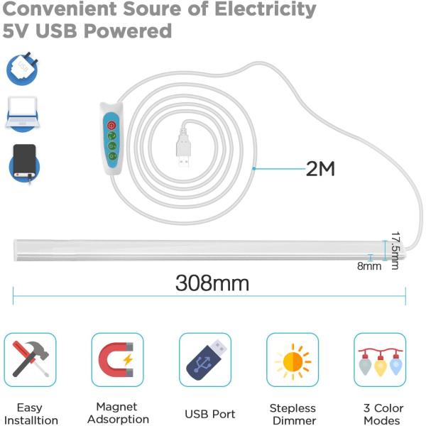 2stk LED Strip Light for Kjøkken eller Verksted, Dimbar Varm/Kjølig