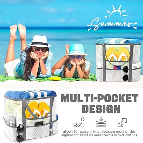 Mesh Strandtaske, Stor Strandtaske Svømmetaske Foldbar Mesh Tote