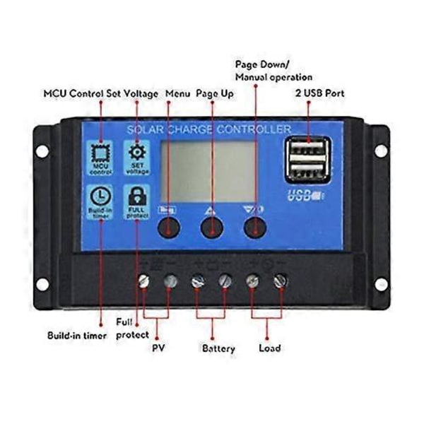 30A 12V/24V PWM Solar Opladningsregulator USB Port LCD Display