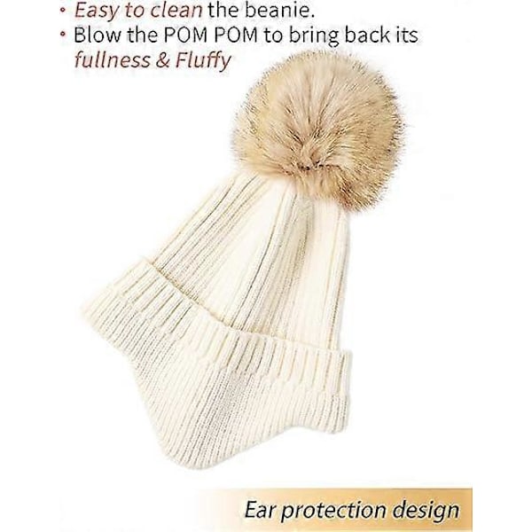 Vinterhuer til kvinder - Beanies dame vinterhue med imiteret pelskvast Varm strikket hue Tyk beanie hue