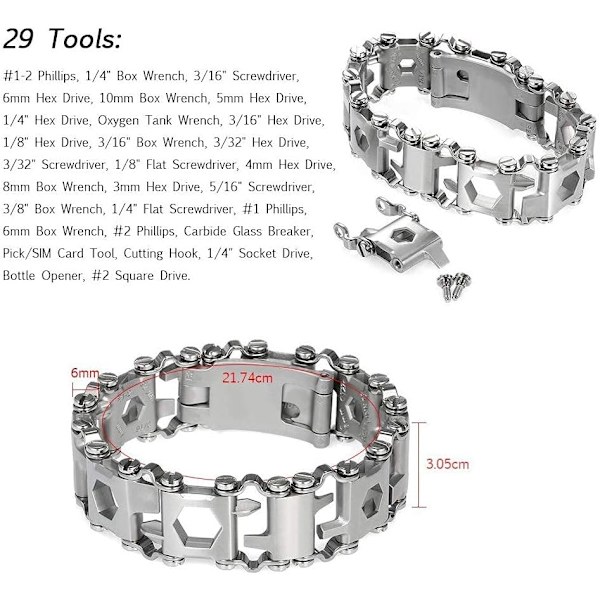 29 i 1 Multi-Tool Armbånd Skinnende Sølv Armbånd Rustfrit Stål