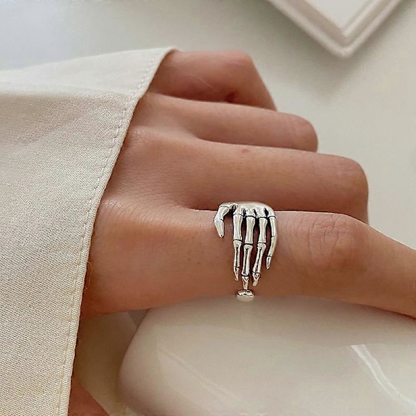 Trendig Silverfärgad Skelett Hand Loop Fem Klor Ring för Kvinnor Män Smycken