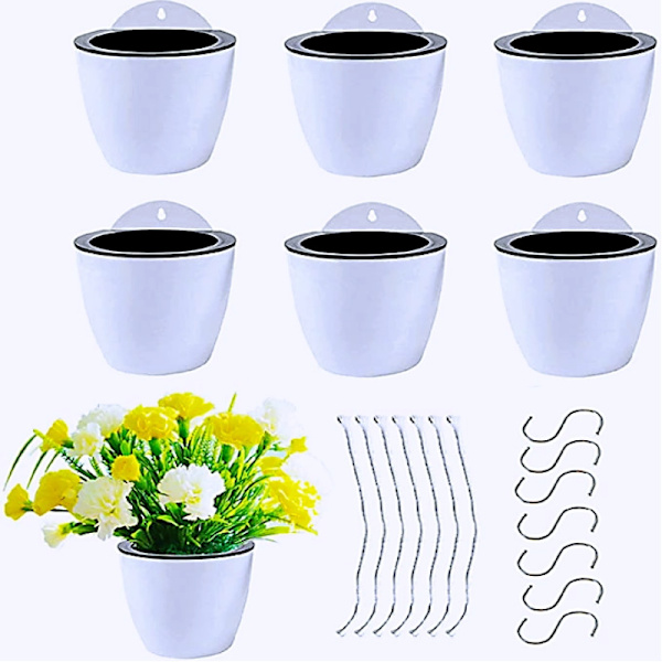 Sett med 7 potter - 13 cm hvite hengende blomster med automatisk vanning