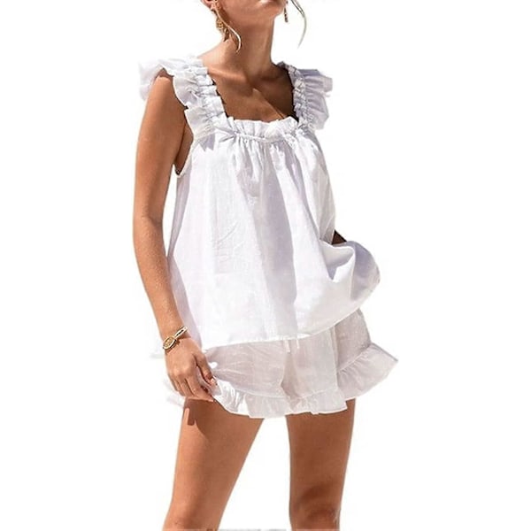 Dam 2-delat Set Sommar Mode Volang Cami Och Casual Shorts Set Bomulls Pyjamasset