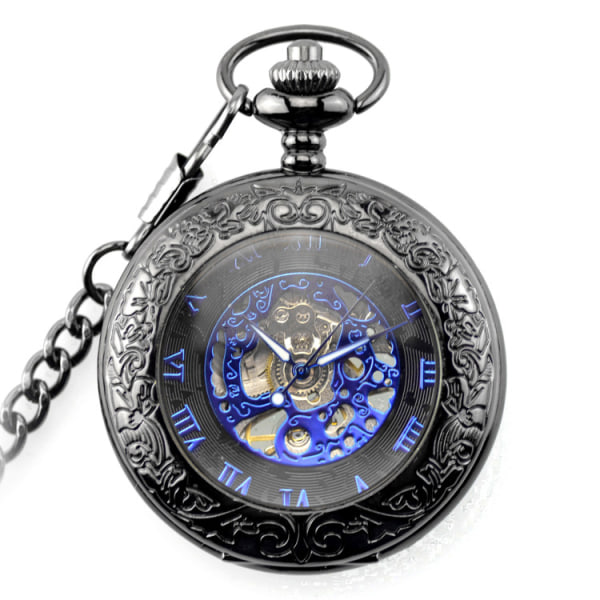 #Waterproof Magnifier Skeleton Chain Silver Luminous Self Winding Automatic Mechanical Pocket Watch#