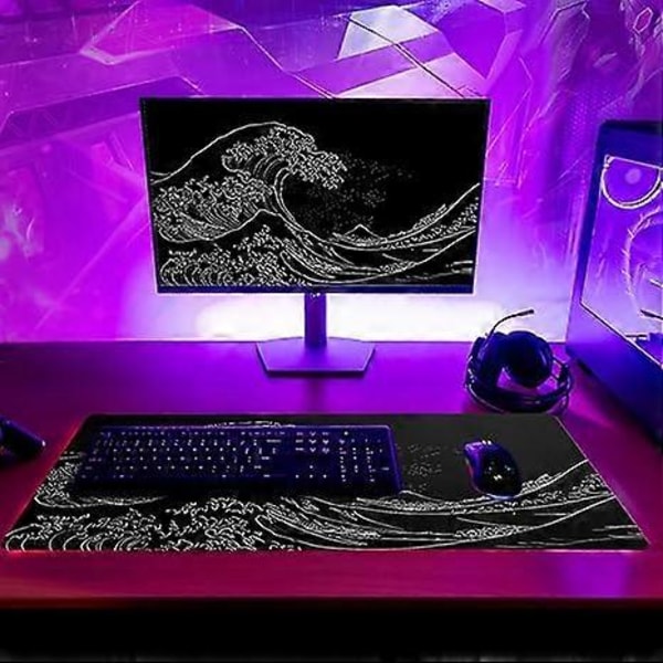Japansk Havsvåg Anime Gaming Stor Musmatta Förlängd Kanagawa Mat Skrivbordsunderlägg 3mm Tjock Lång Halkfri Gummibas 80x30cm