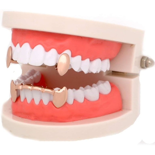 14k Gull Vampyr Dracula Tenner Grillz 2 stk Enkle Tenner og 6 Bunn
