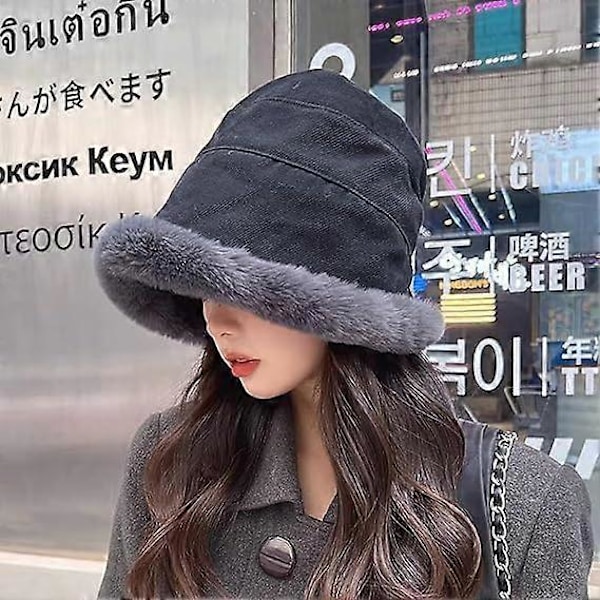 Mjuk, luddig bucket hat för kvinnor, varm fluffig fiskarhatt i fuskpäls, vindtät varm fleecefodrad hatt för vinterskidåkning utomhus