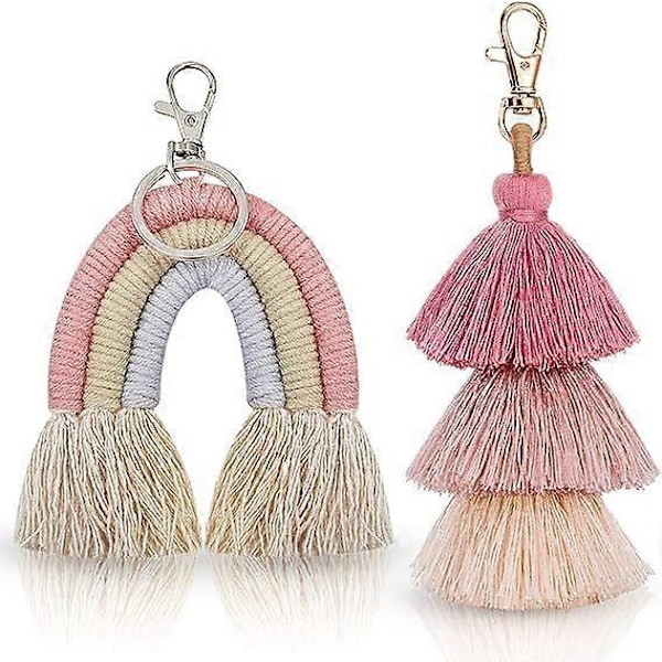 Set med 2 Boho Regnbåge Macrame Nyckelringar med Tofs för Kvinnor