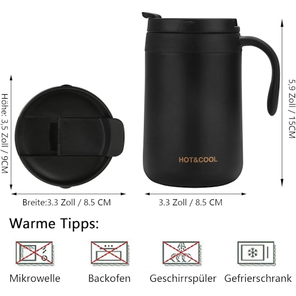 500ML Isolerad Kaffekopp, Rostfritt Stål Läcksäker Isolerad