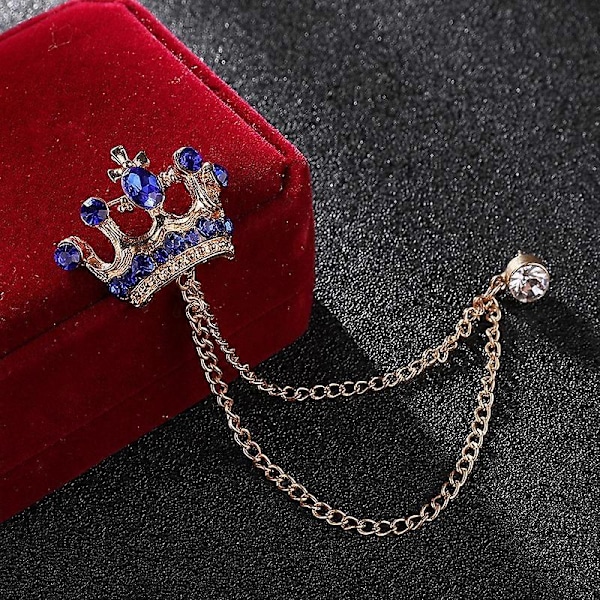 Strassikruunu pitkä ketjubrossi, kristallitupsubrossi, vintage-puvun rintaneula