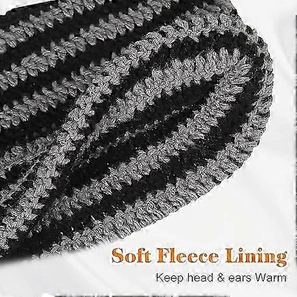 Strikket hue til kvinder, vinterhue med katteører, varm elastisk hue, blød slouchy stribet strikhue (sort grå)