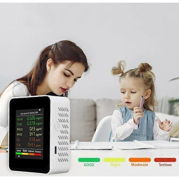 6 in 1 Ilmanlaadunvalvontalaite formaldehydianturilla, saasteilmaisin HCHO TVOC-anturi PM2.5/PM10 Ilmanlaadunvalvontalaite Co2 Pm2.5 Sisäilmanlaadun testauslaite