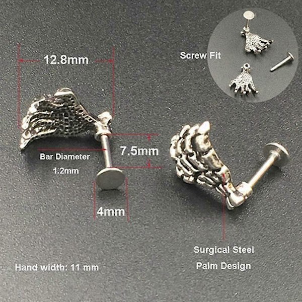 Skelet håndknogle pierced rustfrit stål torne smykker Retro sortfarvet hånd der griber fat i læbeneglen