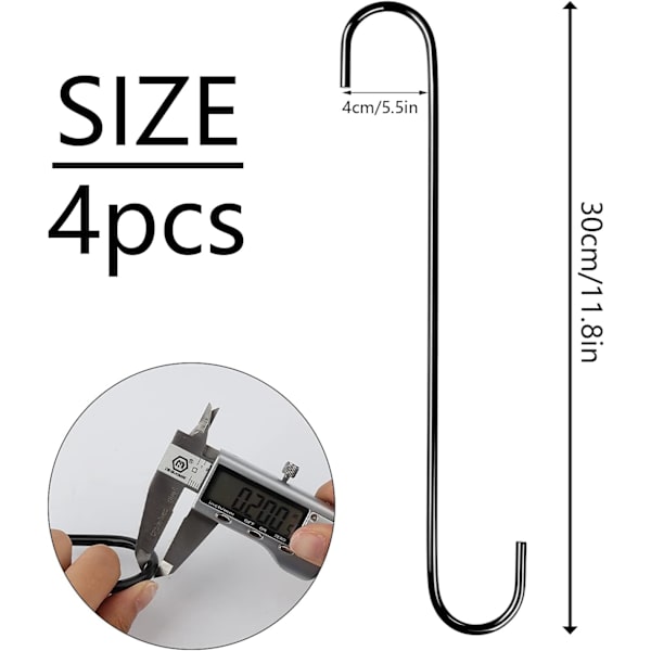 4 kpl 30 cm keittiön S-koukut, suuret ja pitkät riippukoukut