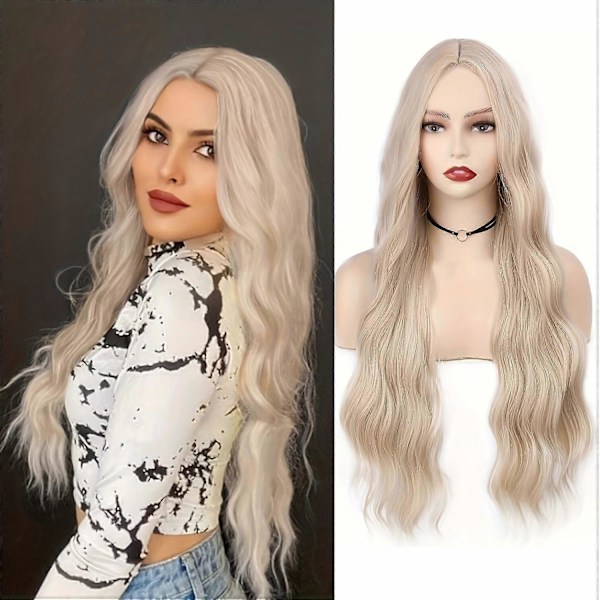 Lang Blond Parykk Bølgete Syntetisk Parykk Platinablond Parykk Midtskill Naturlig Blond Parykk Parykker for Hvite Kvinner