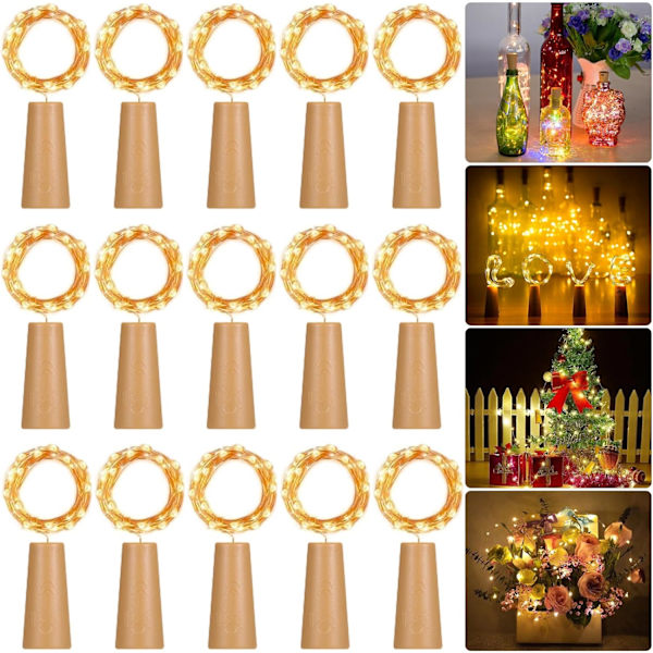 #15 LED-flasker med snor, 2M 20 LED'er, Korklamper til Vin
