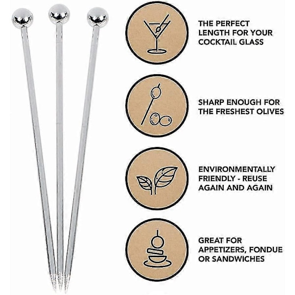 20 Stykker Cocktailpinde i Rustfrit Stål Metal Martinipinde 10,9 cm