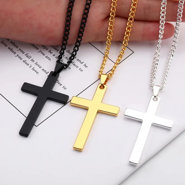 #Cross Necklace Kvinnor Män Crucifix Religious Cross Necklace Silver Rostfritt Stålhänge#