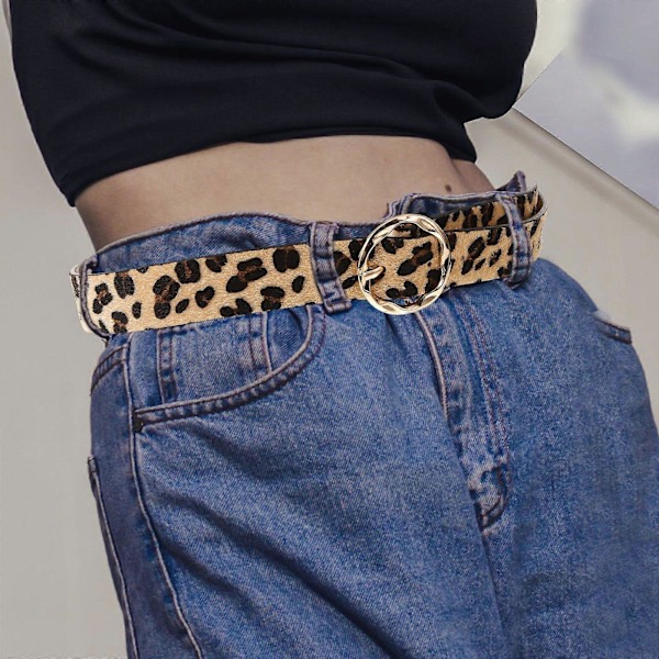 Dame Fritidsbelte Leopard PU lærbelte Dame Midjebelte Mote Buksebelter (Rund Spenne)