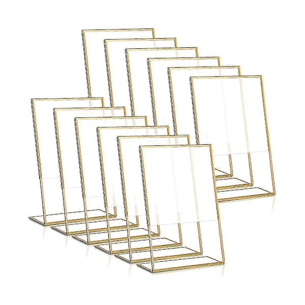 12 stk. Gullramme Akryl Skilt Holder Bryllup Bordnummer Holder Skråstilt Meny Dobbeltsidig Stativ, 4