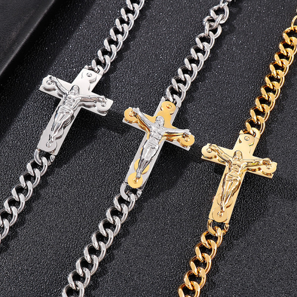 #Herr i rostfritt stål Jesus Christ Crucifix Cross Armband - Curb Chain - Polerad#