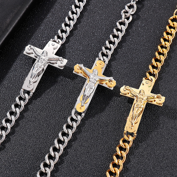 #Herre armbånd i rustfritt stål med Jesus Kristus kors - Curb Chain - Polert#