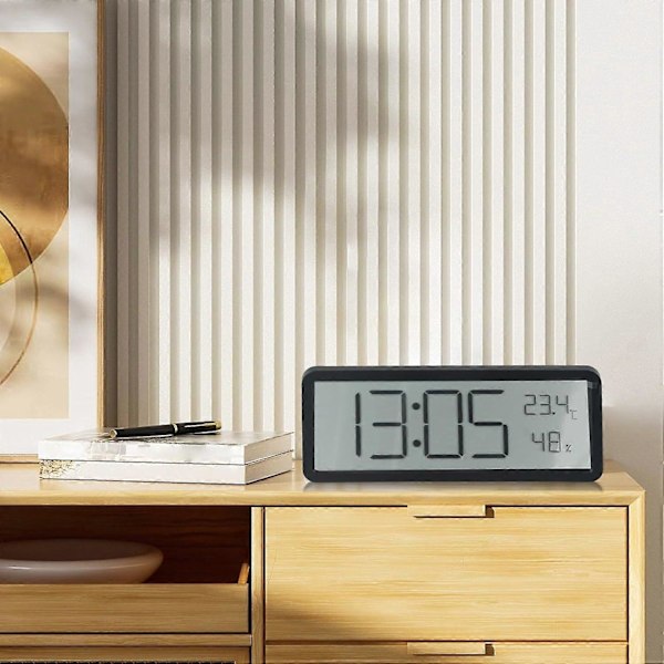 Digitalt vægur med LCD-skærm, tid, temperatur, luftfugtighedsvisning, elektronisk ur til hjem og kontor med flere displayfunktioner (sort)