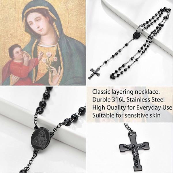 Unisex Musta Ruostumaton Teräs Pitkä Ruusukkorukousnauha Jeesus Risti Katolinen