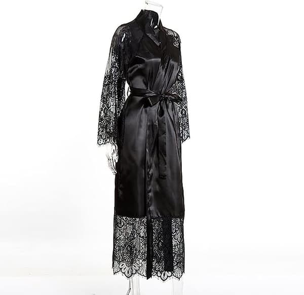 #L,Kimono Badekåber Lang Silke Satin Sort Kimono Badekåbe#