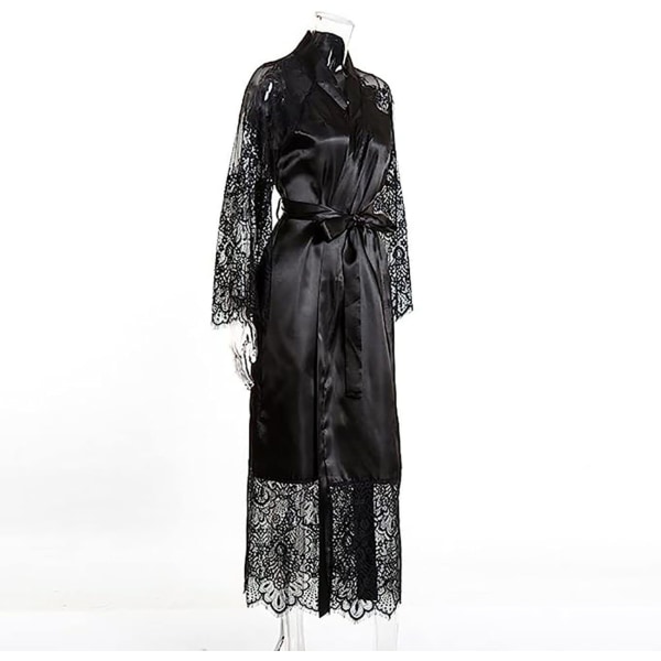 #L,Kimono badekåper Lang silke sateng svart Kimono badekåpe#