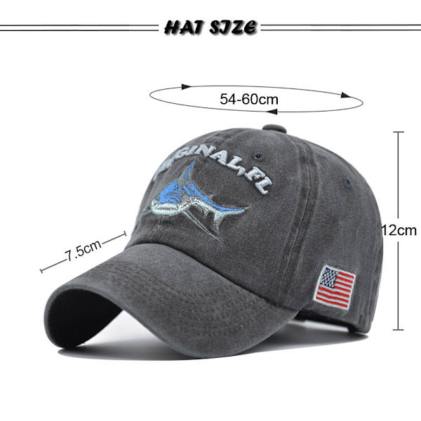 （svart）Shark Broderad Bomullskeps med Tvättad Distressed D
