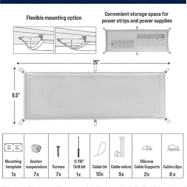 Kabelhåndteringsnett - Kabelhåndtering under skrivebord - Fleksibel kabelhylle under skrivebord Hvit A