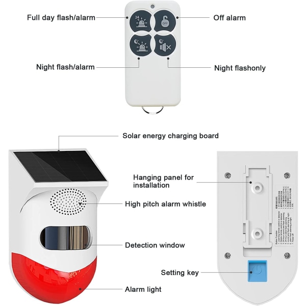 Solcelledrevet stroboskopisk alarmlys med bevegelsessensoralarm utendørs/#/
