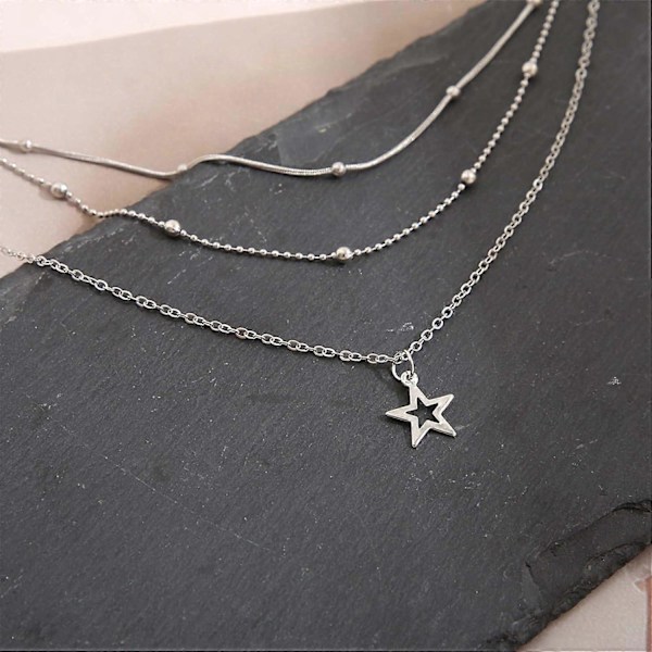 Boho Lagerhalsband med Stjärna Choker Kedja Silver Stjärnhänge Halsband