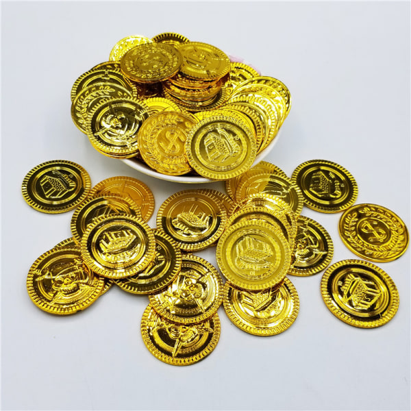 100 Pieces Kids Pirate Gold Coins Fake Treasure Chest Coins - Fan