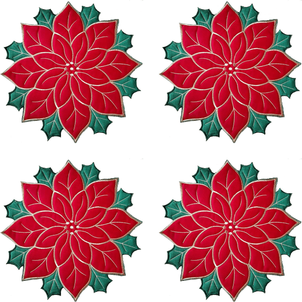 Placemats Set om 4, Appliqué Poinsettia Röd med Grön Broderi