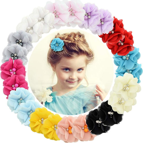 24 st Babyflickor Hårklämmor Chiffon Blommor Hårspännen för