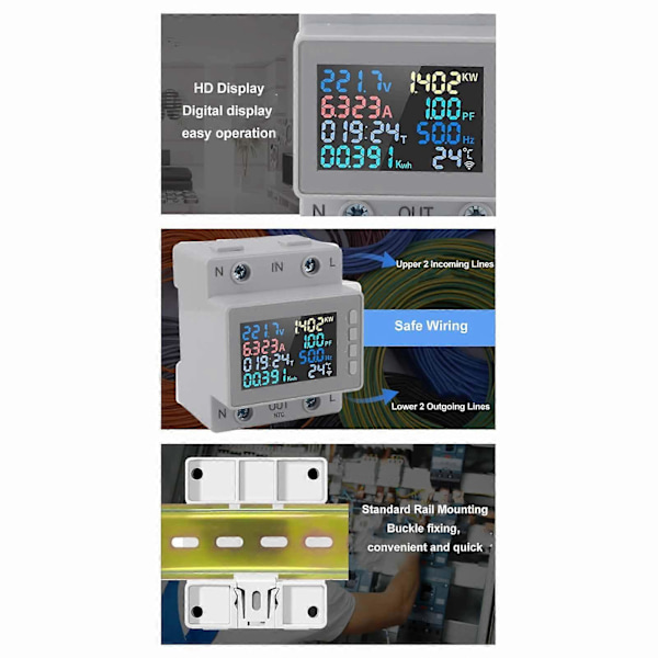 Skenspänning Ström Mätare Digital Display Multifunktionell Elektricitetstestare Energimätare 170270V 63A