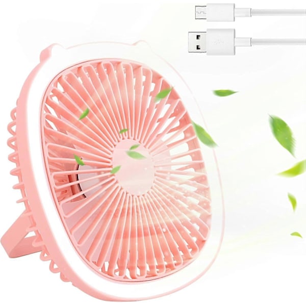 Campingfläkt med LED-lampa, Portabel Fläkt, Uppladdningsbar Liten Handfläkt, 3 Hastigheter Tältfläkt för Camping, Kontor, Sport, Resor (Rosa)