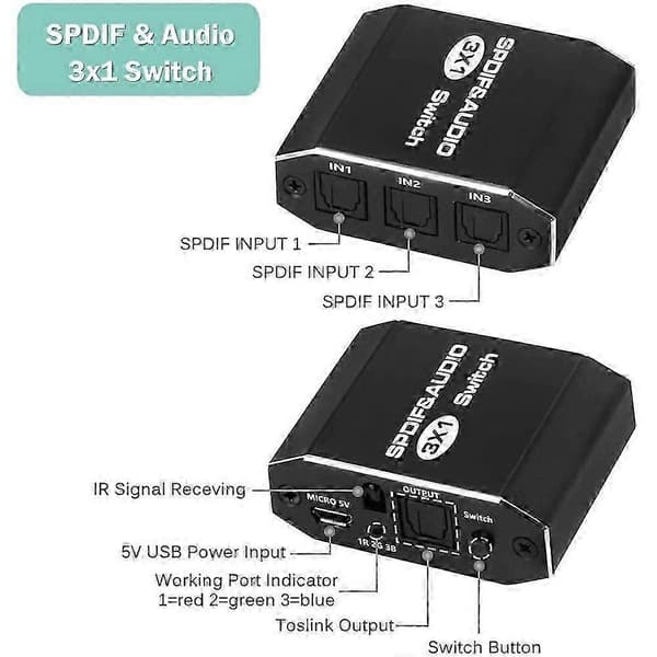 SPDIF Toslink Switch 3 inn 1 ut Digital Optisk Lyd Splitter Selector Switch 3x1 med IR-kontroll