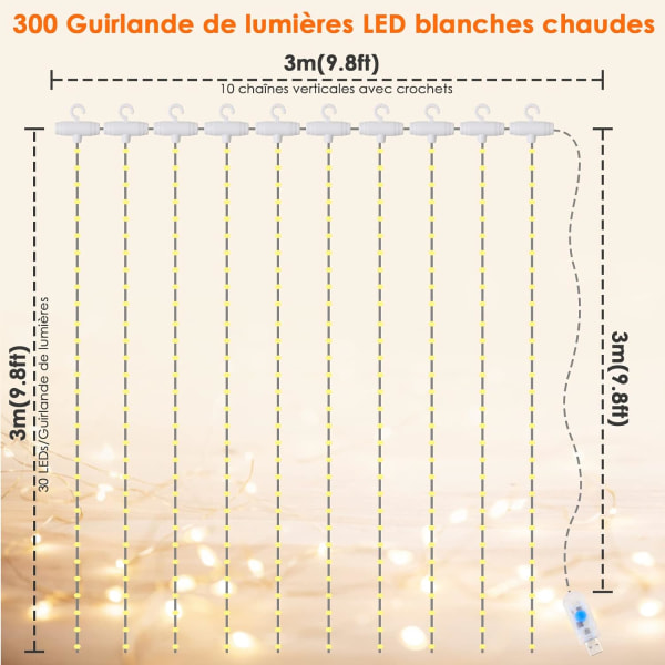 Gardinkedja med lampor 3 * 3M 300 LED-lampor 8 ljuslägen, USB
