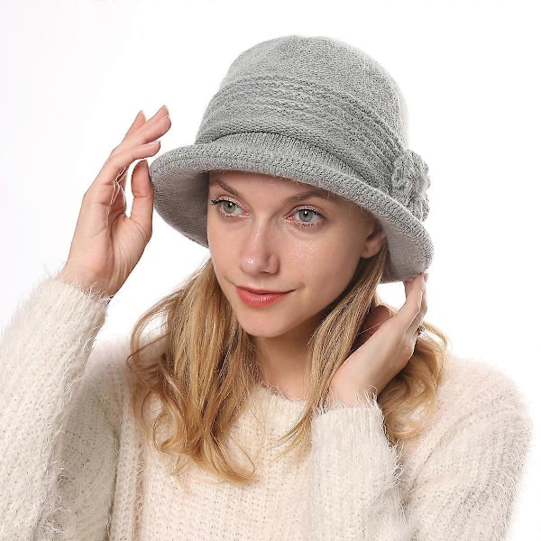Stickad Mössa Dam Flicka Vinter Varm Elegant Plyschfoder Mössa Vintage Mjuk Hatt Tjocka Blommor Cloche Hatt Bekväm Sport Skidmössa