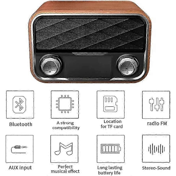Bluetooth Retro Radio med AUX/FM, med Antenne, Klar Lyd, Bærbar Høyttaler, Kompatibel Android Nettbrett