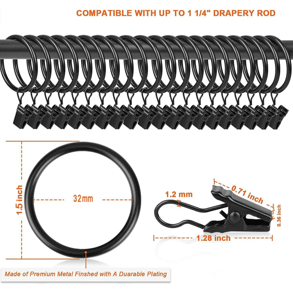 30 Pack Heavy Duty Metal gardinringe med rustfri klips passer